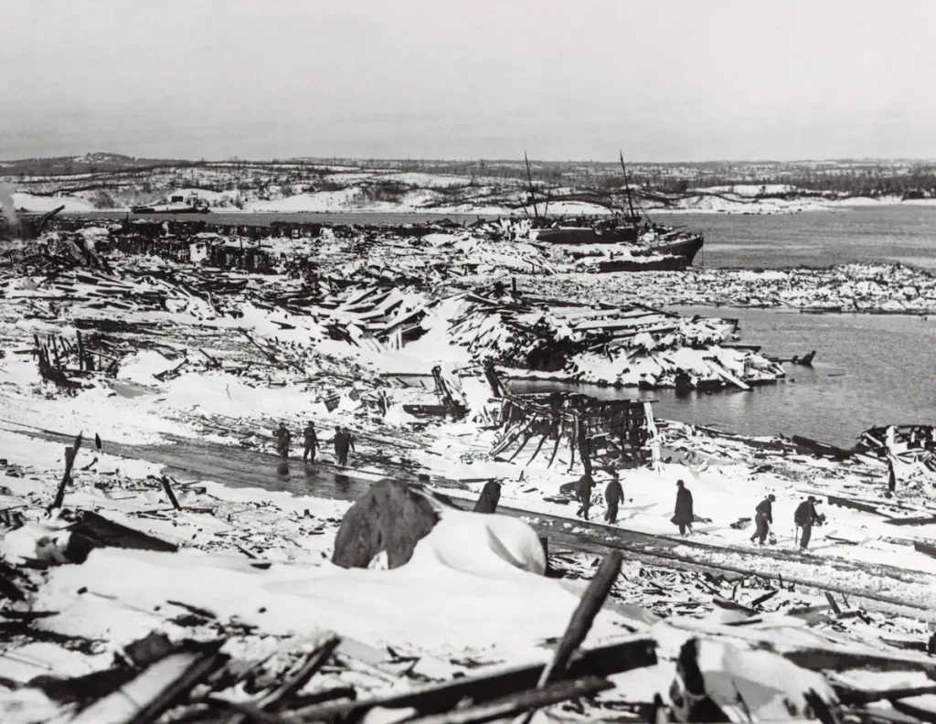The snowy remains of a destroyed Halifax. There used to be busy cityblocks here