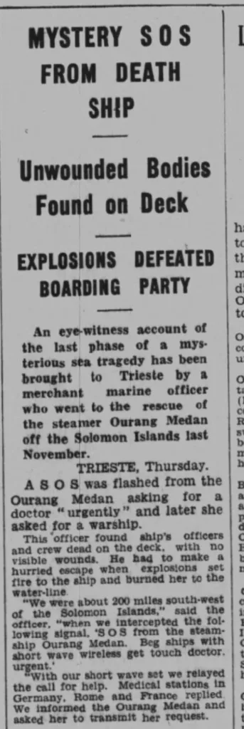 A newspaper clipping of the Ourang Medan Incident from the UK