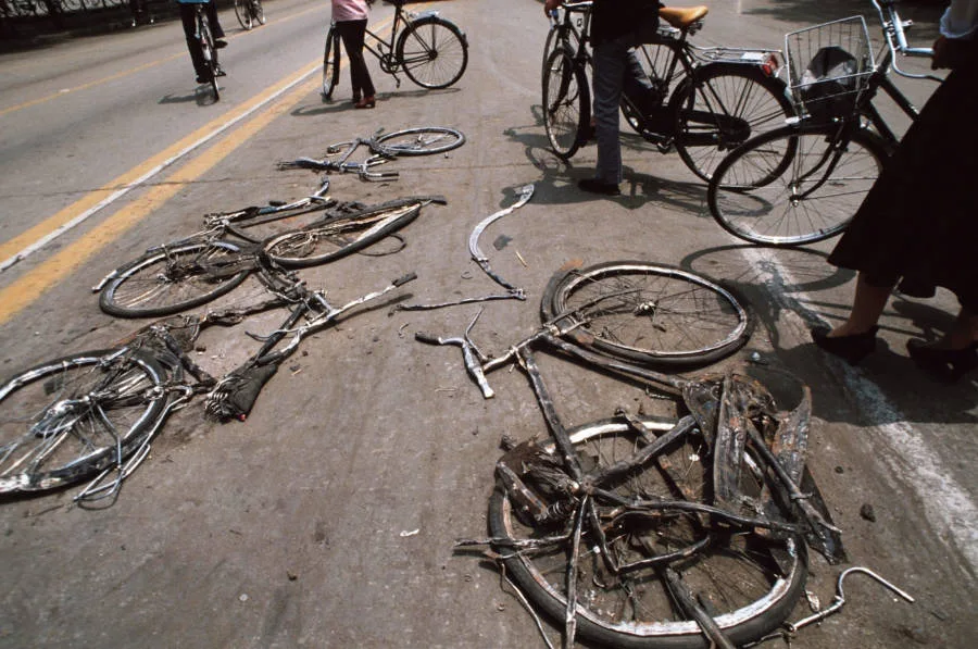 Bicycles flattened by the Chinese army tanks that were used during the massacre.