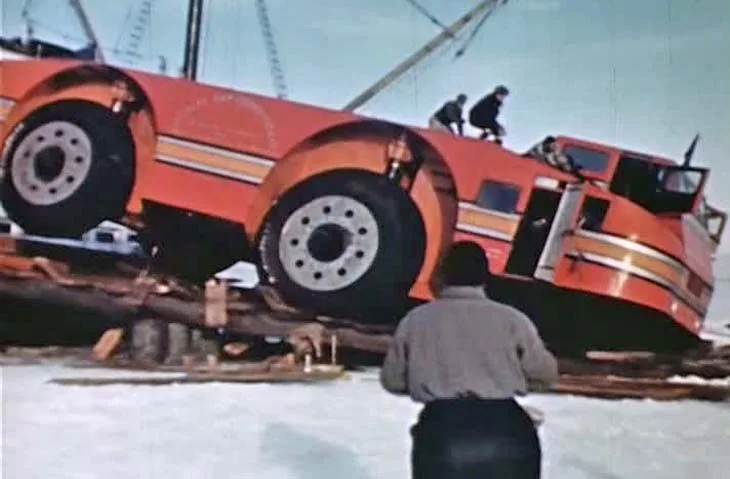The Antarctic Snow Cruiser had a minor incident as it rolled down the ship