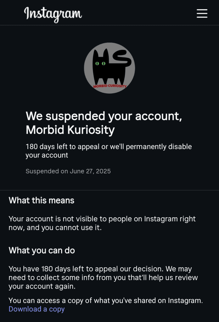Instagram suspended screen