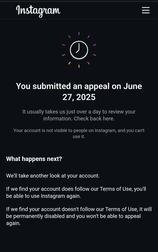 We get back to you in 24 hours... at least have the decency to update that, Meta. Anyway, you will be hearing from my lawyer.