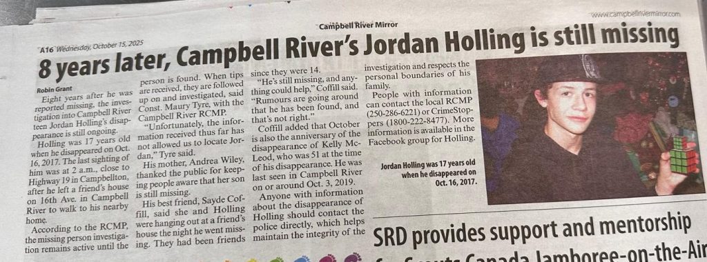 Jordan Holling newspaper missing